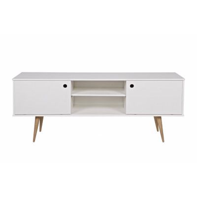 WOOOD Retro TV-bord, w. 2 skjutdörrar och 1 hylla - vit furu och naturlig ek