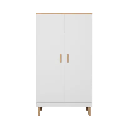 KOCOT Denver garderob med 2 dörrar, 4 hyllplan och 1 hängstång - vit och naturlig hickoryspånskiva