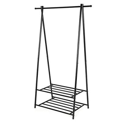 SONGMICS klädhängare, klädhängare, klädhängare med 2-facks förvaringshylla för skor och korgar, metallram, platsbesparande, perfekt för sovrum, hall, kontor och mer, svart HSR05B