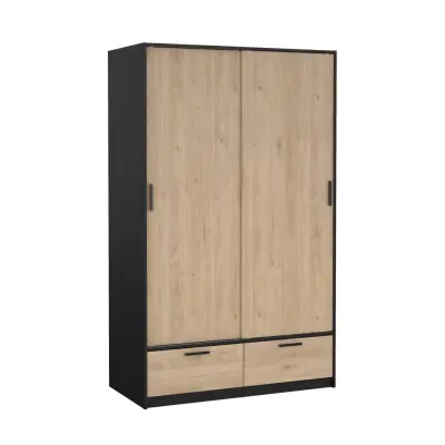 TVILUM Madrid garderob, med 2 skjutdörrar, klädstång, hyllor, 2 lådor - Jackson Hickory och matt svart trä