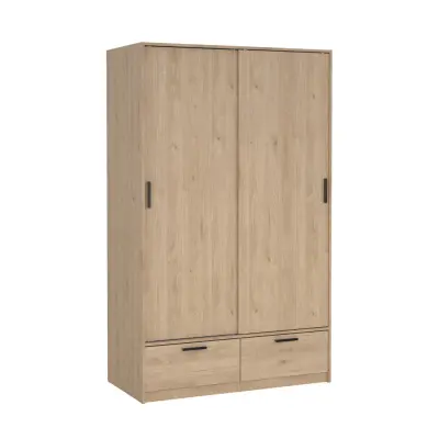 TVILUM Madrid garderob, med 2 skjutdörrar, klädstång, hyllor, 2 lådor - Jackson Hickory trä