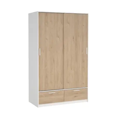 TVILUM Madrid garderob, med 2 skjutdörrar, klädstång, hyllor, 2 lådor - Jackson Hickory och vitt trä