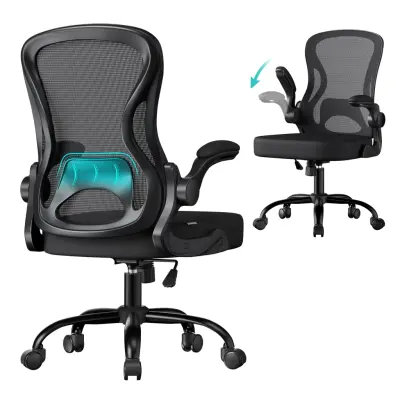SONGMICS Ergonomisk kontorsstol, Snurrande nätskrivbordsstol, Svankstöd, Lutningsfunktion, Uppfällbart armstöd, För kontor, Sovrum, Bläcksvart OBN042BH02