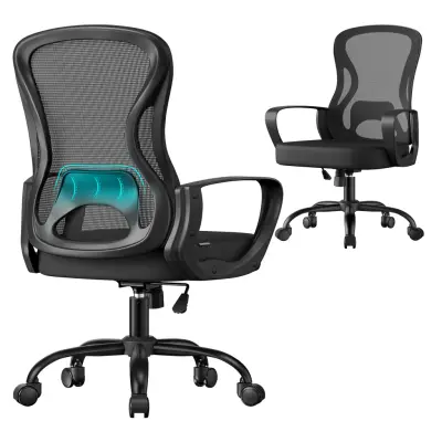 SONGMICS Ergonomisk Kontorsstol, Snurrfåtölj med Ländryggsstöd, Armstöd, Kontor och Sovrum, Svart Bläck OBN043BH02