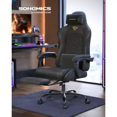 SONGMICS Gamingstol, Kontorsstol, Skrivbordsstol, Ergonomisk Gamingstol, Sittkudde med fjädrar, Fotstöd, Armstöd med synkron mekanism, Bläcksvart OBG079B01