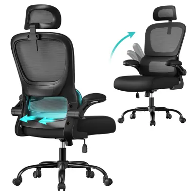 SONGMICS kontorsstol, ergonomisk nätskrivbordsstol, med dubbelt lager av andningsbart nättyg, dynamiskt ländryggsstöd, justerbart nackstöd, för hemmakontor, bläcksvart OBN041B01