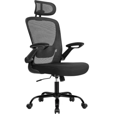 SONGMICS Kontorsstol Ergonomisk Skrivbordsstol Snurrstol med Mesh Vadderad Ländryggsstöd Tiltfunktion 53 cm Sits Fällbara Armstöd Nackstöd Bläcksvart OBN047B01