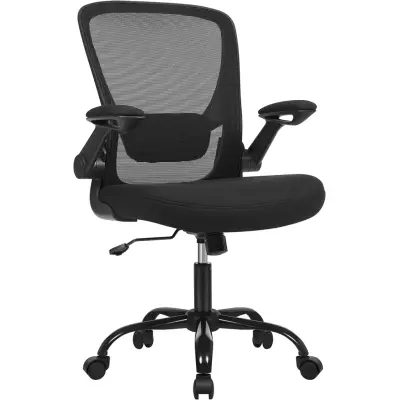 SONGMICS Kontorsstol, skrivbordsstol, vridbar nätstol, ergonomisk datorstol, svankstöd, oscillerande, sits 53 cm, fällbara armstöd, svart OBN37BKV1