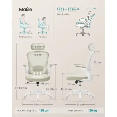 SONGMICS Kontorsstol, Snurrstol i nät, Ergonomisk svank- och nackstöd, Lutningsfunktion, Bred sits, Hopfällbara armstöd, För kontorssovrum, Cappuccino Beige OBN047K01