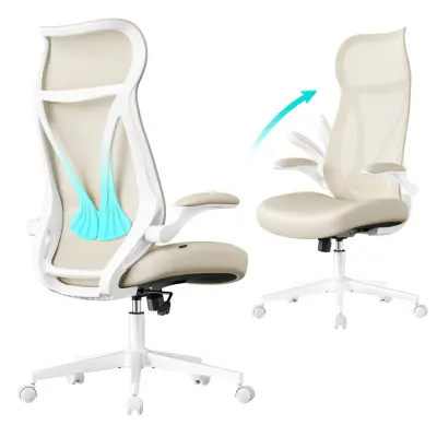 SONGMICS OBN088K01 Kontorsstol, Skrivbordsstol, Ergonomiskt ryggstöd, Höjdjusterbart, Hopfällbara armstöd, Snurrstol med nackstöd, Maximal belastning 150 kg, Cappuccino Beige