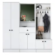 FUNZI LIVING M2 entrémöbelset, med krokar, spegel, 6 dörrar, 1 låda, 9 hyllor - vit melamin