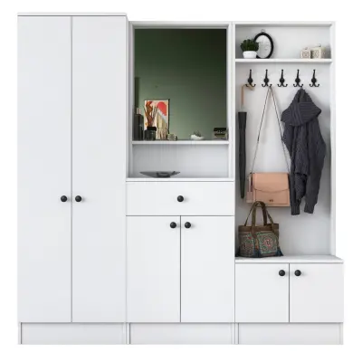 FUNZI LIVING M2 entrémöbelset, med krokar, spegel, 6 dörrar, 1 låda, 9 hyllor - vit melamin