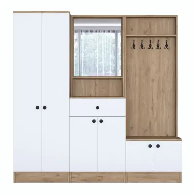 FUNZI LIVING P6 - M3 entrémöbelset, med krokar, spegel, 6 dörrar, 1 låda, 5 hyllor - vit och brun melamin