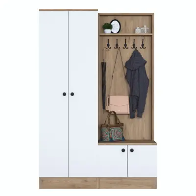 FUNZI LIVING P6 - M5 entrémöbelset, med krokar, 4 dörrar och 5 hyllor - vit och brun melamin