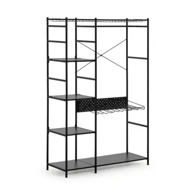 KAVE HOME Stort Skåp med Hyllor och Krokar - Svart Melamin och Stål (120 x 182 cm)