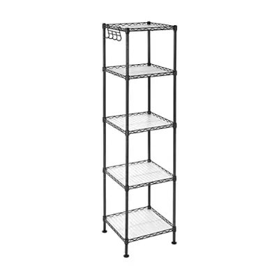 SONGMICS badrumshylla, förvaringshylla i metall, total lastkapacitet 100 kg, med 5 PP-plattor, avtagbara krokar, 30 x 30 x 123,5 cm, expanderbar design, för små utrymmen, svart och transparent LGR23BK