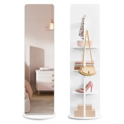 SONGMICS Helkroppsspegel, Stående Helkroppsspegel, 360° Roterbar, 163 x 45 cm, Med Fot, Hyllor och Krokar, Klarhärdat Glas, För Sovrum, Vardagsrum, Molnvit LFM036W01