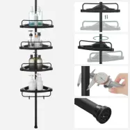 SONGMICS Justerbar hörnhylla för badrummet, teleskopisk duschkabin, 85-305 cm, golv till tak, med 4 brickor, 3 krokar, svart BCB001B01
