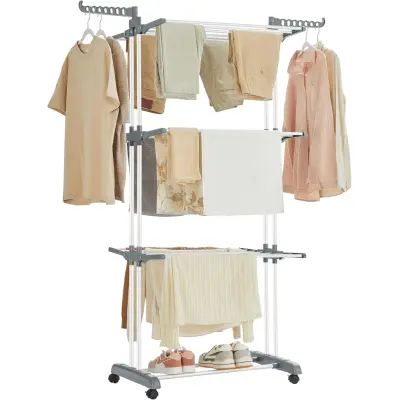 SONGMICS LLR701W01 Bärbar torkställning med hjul, 4 nivåer, hopfällbar, 63,5 x 128 x 173 cm, stor kapacitet, enkel montering, inomhus- och utomhusbruk, vit