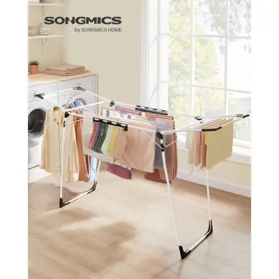 SONGMICS torkställning, 56,5 x 173 x 96,5 cm, torkställning, platsbesparande, med strumpklämmor, metallram, för kläder, handdukar, lakan, vit LLR518W01