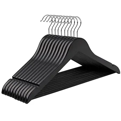 SONGMICS Trägalgar, uppsättning med 10 galgar, galgar, klädgalgar, med axelkrok, halkfri byxstång, 360° svängbar krok, för kostymer, skjortor, kappor, svart CRW02B10