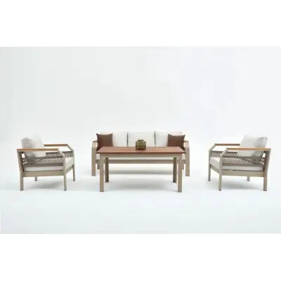 NORDVÄRK Morento utomhusloungeset, w. 2 stolar, 1 soffa, 1 bord, beige kuddar - beige aluminium