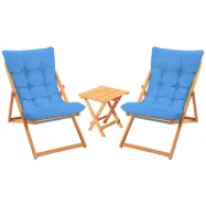 NORDVÄRK My005 loungegrupp med 1 trädgårdsbord och 2 solstolar - blå kudde och naturligt bokträ