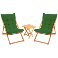 NORDVÄRK My005 loungegrupp med 1 trädgårdsbord och 2 solstolar - grön kudde och naturligt bokträ