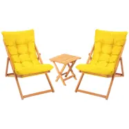 NORDVÄRK My005 loungegrupp med 1 trädgårdsbord och 2 solstolar - gul kudde och naturligt bokträ