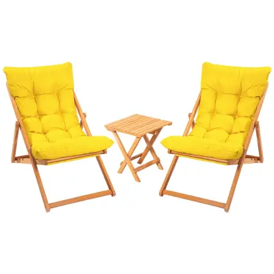 NORDVÄRK My005 loungegrupp med 1 trädgårdsbord och 2 solstolar - gul kudde och naturligt bokträ