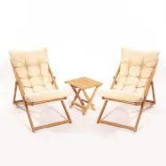 NORDVÄRK My005 loungegrupp med 1 trädgårdsbord och 2 solstolar - krämfärgad kudde och naturligt bokträ