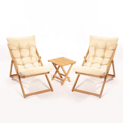 NORDVÄRK My005 loungegrupp med 1 trädgårdsbord och 2 solstolar - krämfärgad kudde och naturligt bokträ