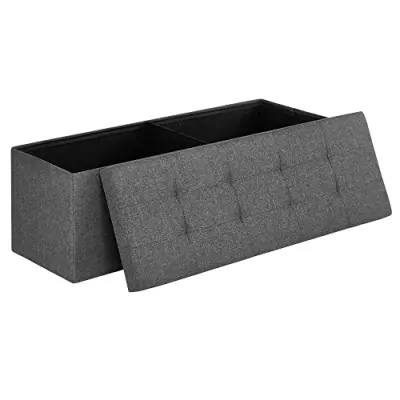 Songmics bänk med förvaringsutrymme, sittbox, förvaringsbox, fällbar, max. statisk belastning 300 kg, med kilgaller i metall, 120 L, 110 x 38 x 38 cm, linneimitation