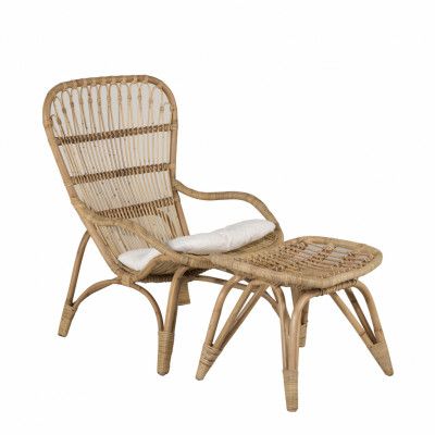VENTURE DESIGN Ella Fåtölj, med Fotpall och Kudde - av Vitt Tyg och Naturbambu