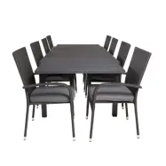 VENTURE DESIGN Trädgårdsset med Marbella Bord med Utdragsfunktion och 8 Anna Stolar med Armstöd + Kudde - Svart Rotting / Alu