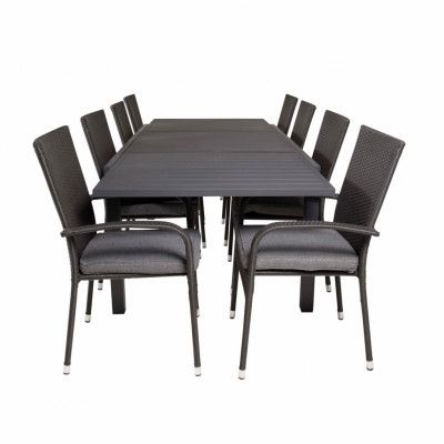 VENTURE DESIGN Trädgårdsset med Marbella Bord med Utdragsfunktion och 8 Anna Stolar med Armstöd + Kudde - Svart Rotting / Alu