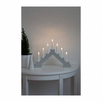 Elljusstake 7 ljus LED trä matt grå 6xAA