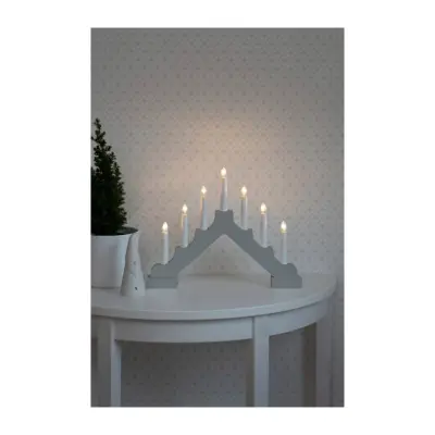 Elljusstake 7 ljus LED trä matt grå 6xAA