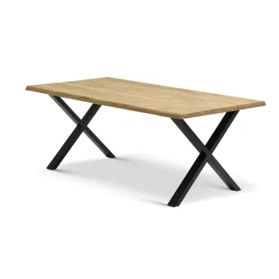 Atlantic matbord med vågig kant 40 mm, med utdrag - naturlig ek och svart metall (95x200)