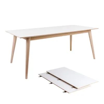 HOUSE NORDIC Copenhagen Matbord - Vitt Träskiva och Ben i Naturligt Trä, med Utdragsfunktion, inkl. 2 Förlän