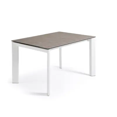 KAVE HOME Axis utdragbart keramikbord i Vulcano Ceniza-finish, vita stålben 120 (180) cm