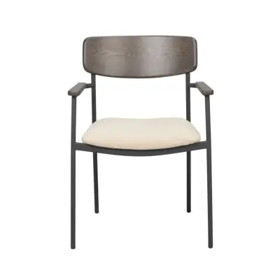 ROWICO Maymont matbordsstol, m. armstöd, stapelbar - ljusbeige tyg, brun ek och svart metall