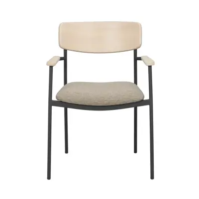 ROWICO Maymont matbordsstol, m. armstöd, stapelbart - mörkbeige tyg/vitpigmenterad ek/svart metall