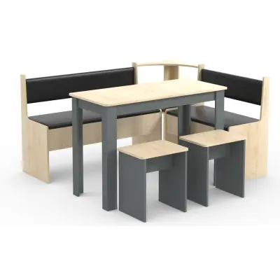 VCM NORDIC Esal Maxi hörnbänk set, w. 1 bord, 2 bänkar, 2 pallar - naturligt och antracitgrått trä