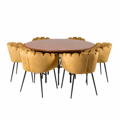 VENTURE DESIGN Copenhagen Matbord, med 4 Stolar - Brun Fanér / Svart Metall och Gul Sammet / Svart Metall