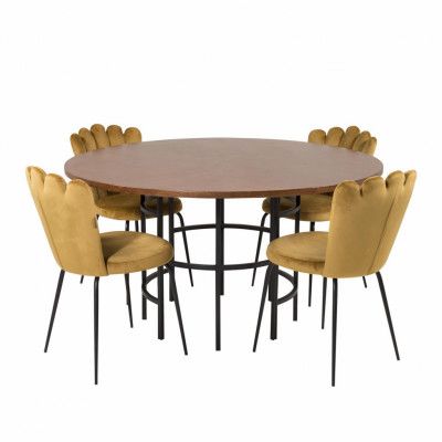 VENTURE DESIGN Copenhagen Matbord, med 4 Stolar - Brun Fanér / Svart Metall och Gul Sammet / Svart Metall