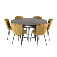 VENTURE DESIGN Copenhagen Matbord, med 4 Stolar - Svart Fanér / Svart Metall och Gul Sammet / Svart Metall