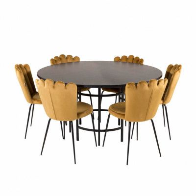 VENTURE DESIGN Copenhagen Matbord, med 4 Stolar - Svart Fanér / Svart Metall och Gul Sammet / Svart Metall