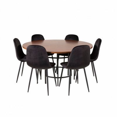 VENTURE DESIGN Copenhagen Matbord, med 6 Stolar - Brun Fanér / Svart Metall och Svart Sammet / Svart Metall