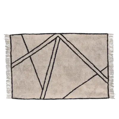 VILLA COLLECTION Randig matta med grafiskt mönster och fransar - naturlig och svart bomull
